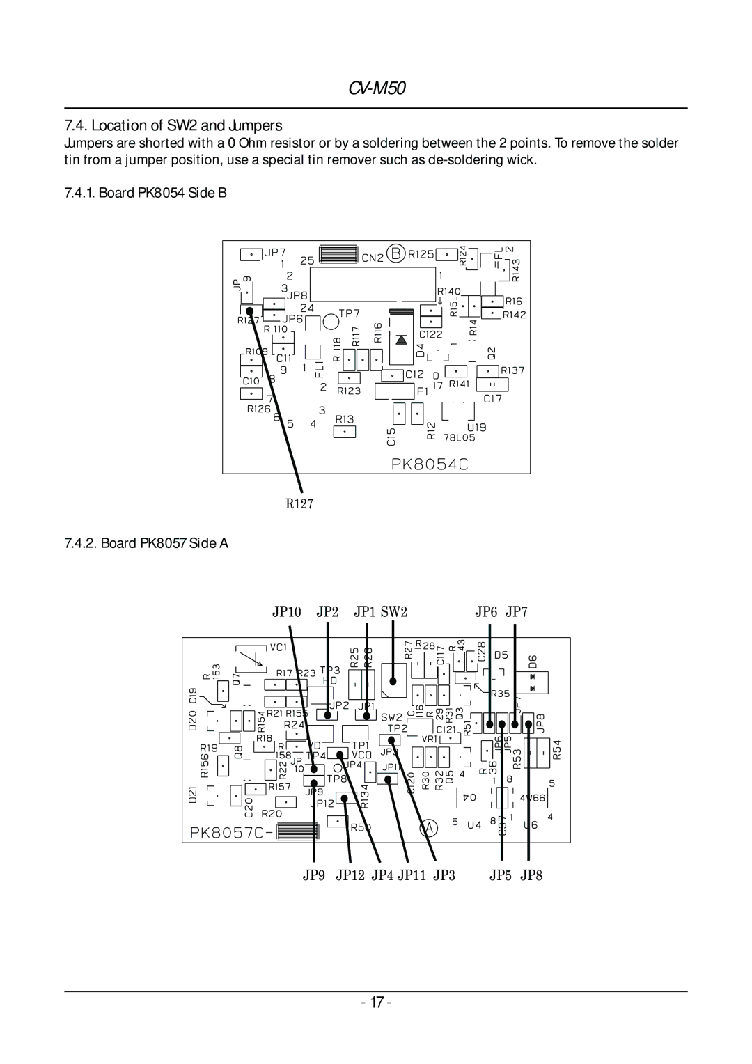 JAI CV-M50 operation manual Location of SW2 and Jumpers, Board PK8054 Side B Board PK8057 Side a 