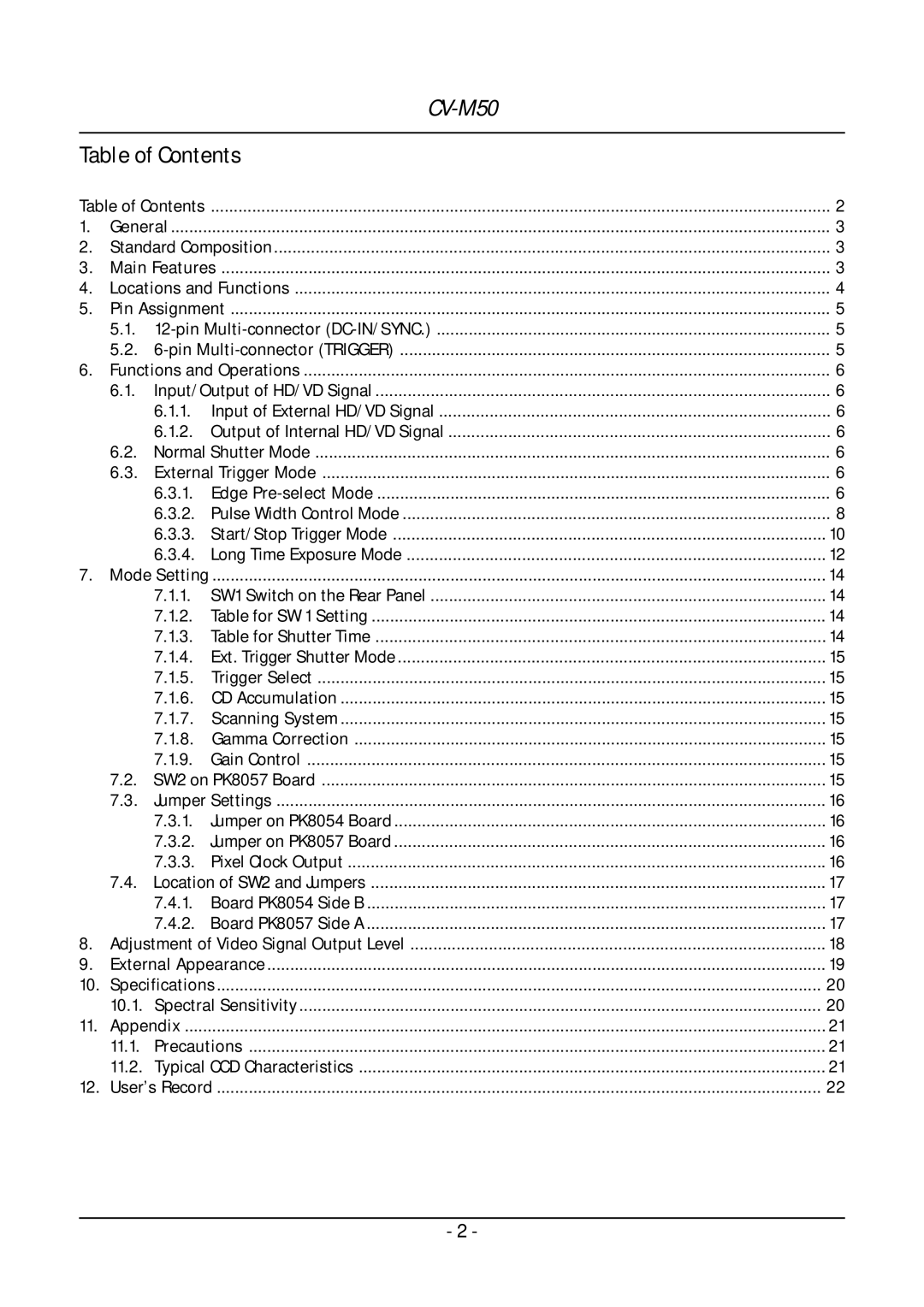 JAI CV-M50 operation manual Table of Contents 