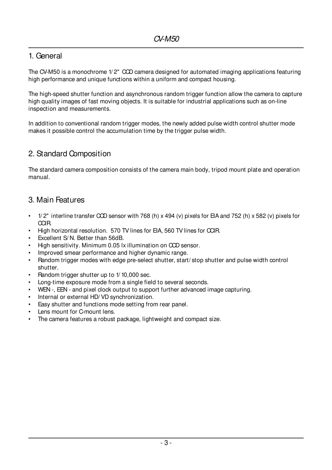 JAI CV-M50 operation manual General, Standard Composition Main Features 