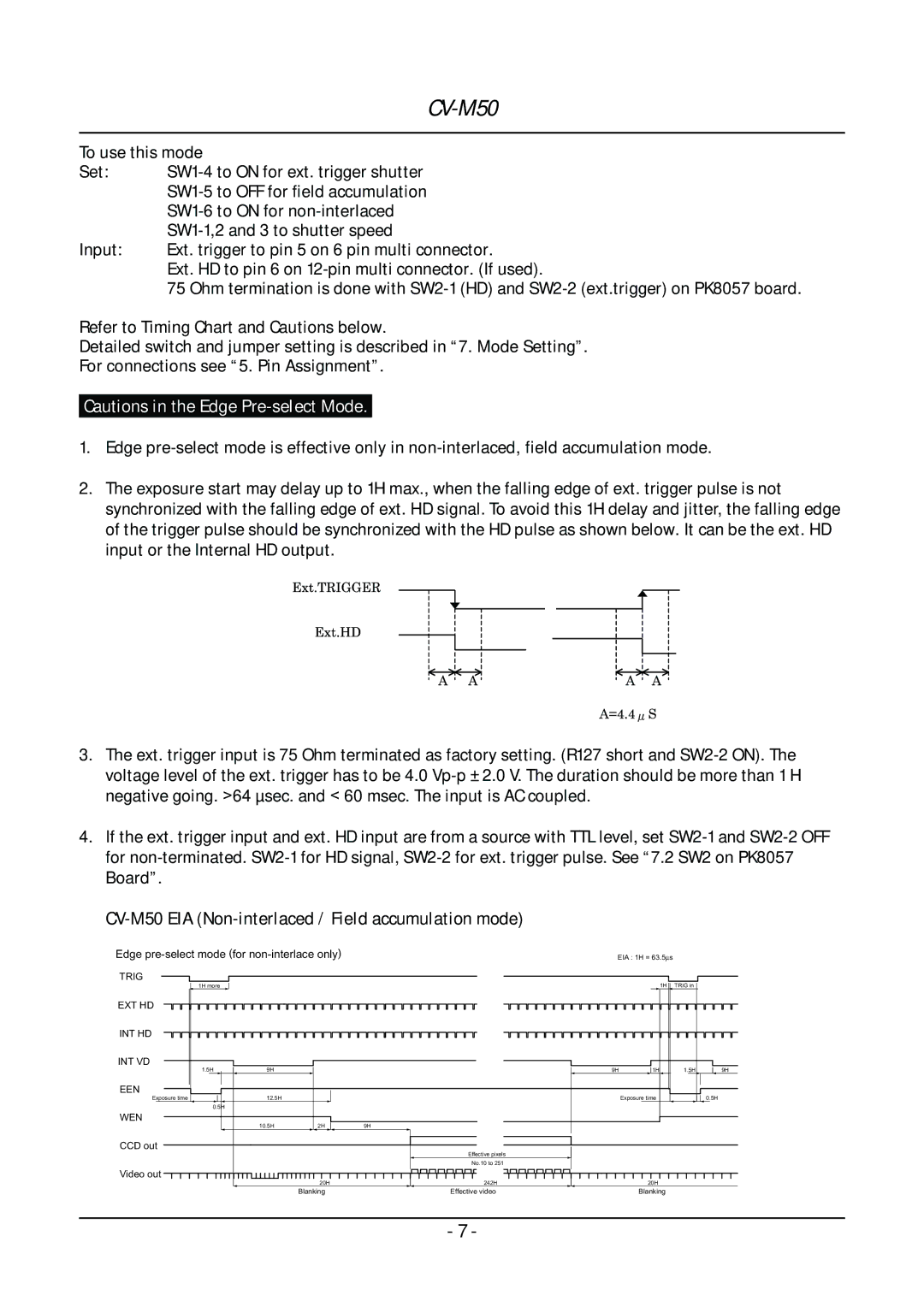 JAI operation manual CV-M50 EIA Non-interlaced / Field accumulation mode, Edge pre-select mode for non-interlace only 