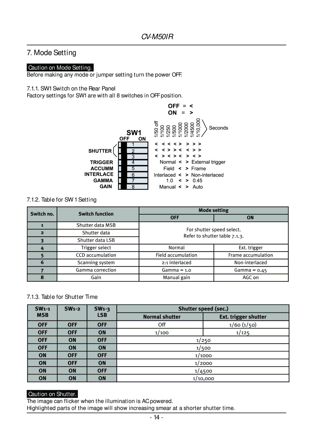 JAI CV-M50IR operation manual Mode Setting, Table for SW 1 Setting, Table for Shutter Time 