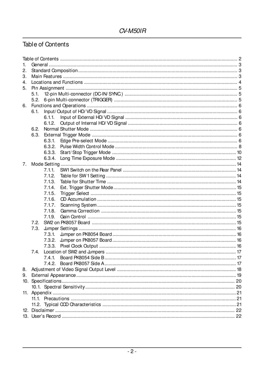 JAI CV-M50IR operation manual Table of Contents 