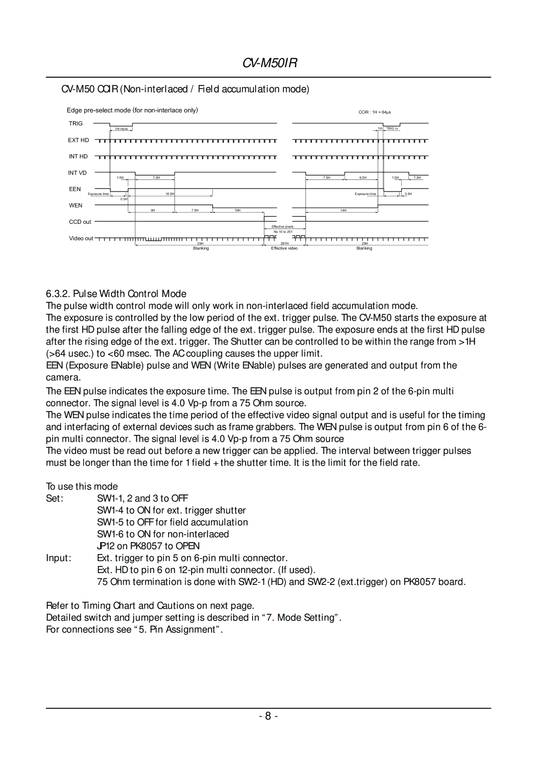 JAI CV-M50IR operation manual CV-M50 Ccir Non-interlaced / Field accumulation mode, Pulse Width Control Mode 