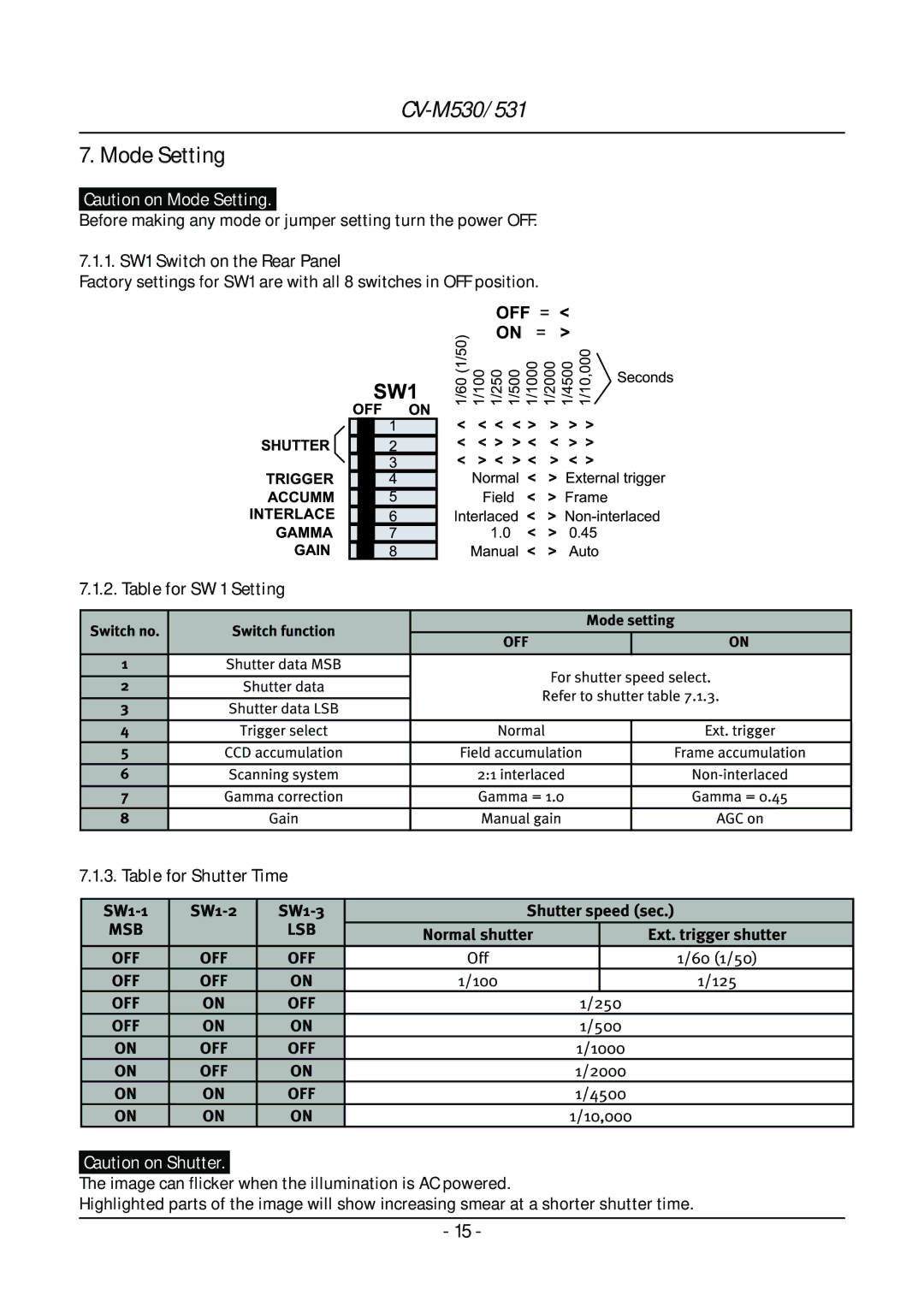 JAI CV-M530, CV-M531 operation manual Mode Setting, Table for SW 1 Setting, Table for Shutter Time 