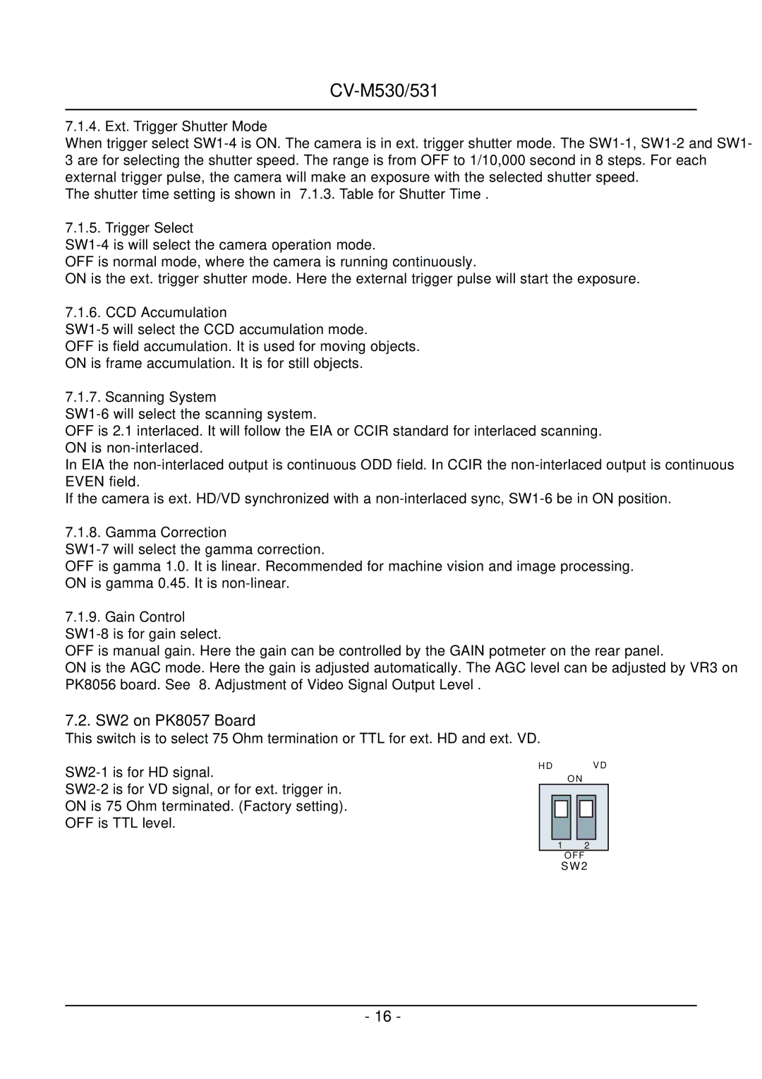 JAI CV-M531, CV-M530 operation manual SW2 on PK8057 Board 