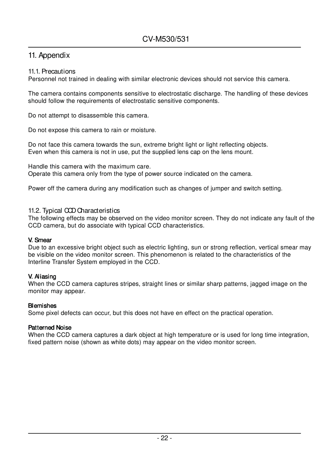 JAI CV-M531, CV-M530 operation manual Appendix, Precautions, Typical CCD Characteristics 