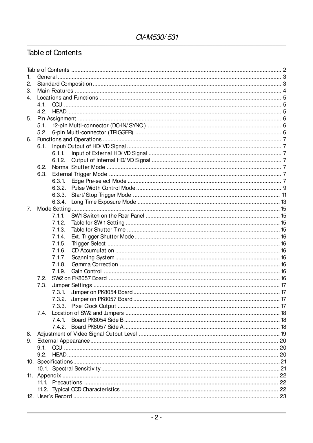 JAI CV-M531, CV-M530 operation manual Table of Contents 