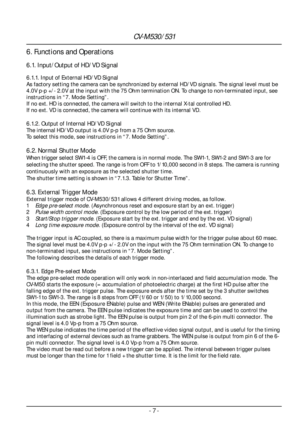 JAI CV-M530, CV-M531 Functions and Operations, Input/Output of HD/VD Signal, Normal Shutter Mode, External Trigger Mode 