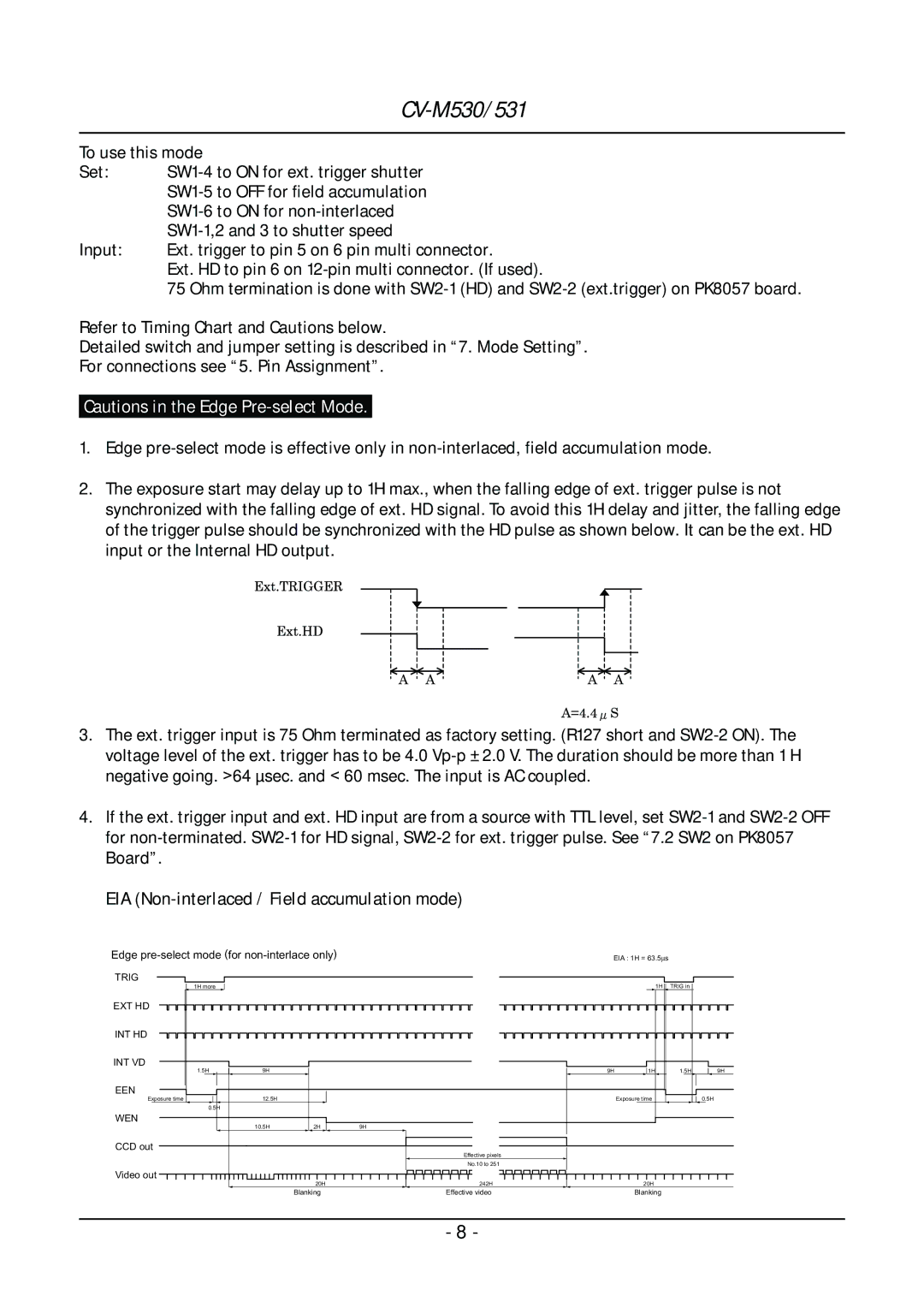 JAI CV-M531, CV-M530 EIA Non-interlaced / Field accumulation mode, Edge pre-select mode for non-interlace only 