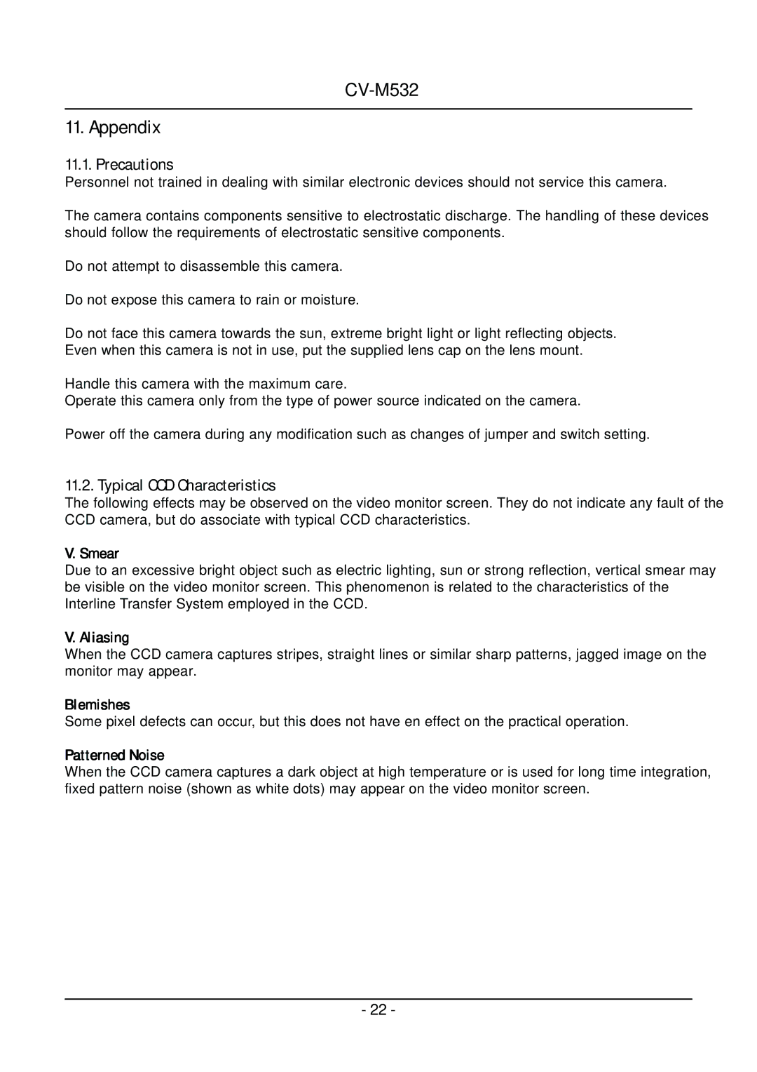 JAI CV-M532 operation manual Appendix, Precautions, Typical CCD Characteristics 