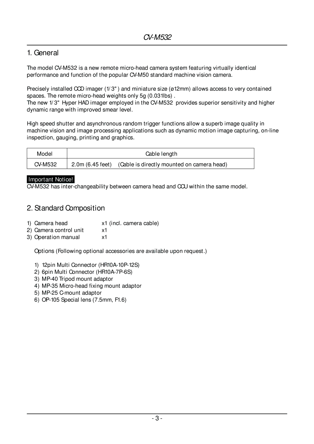 JAI CV-M532 operation manual General, Standard Composition 