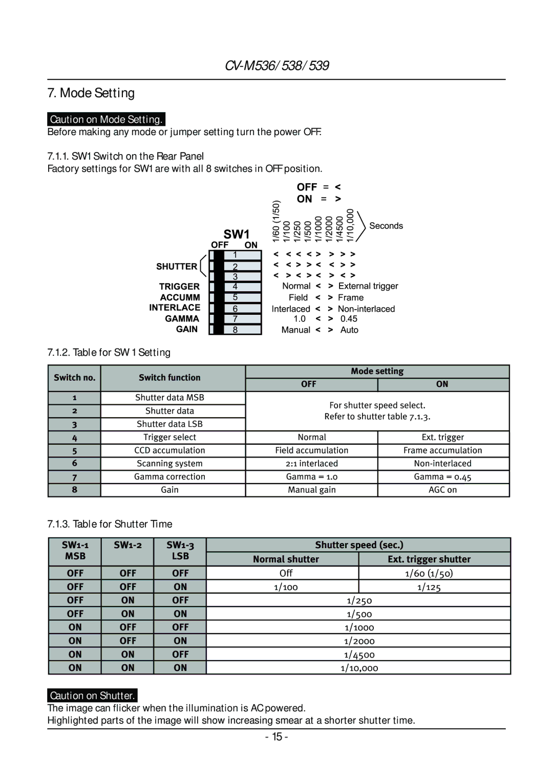 JAI CV-M539, CV-M536, CV-M538 operation manual Mode Setting, Table for SW 1 Setting, Table for Shutter Time 