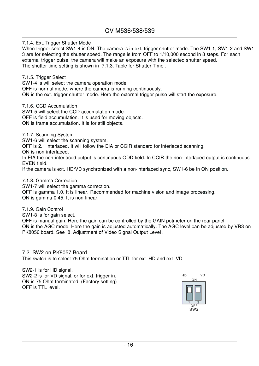 JAI CV-M538, CV-M536, CV-M539 operation manual SW2 on PK8057 Board 