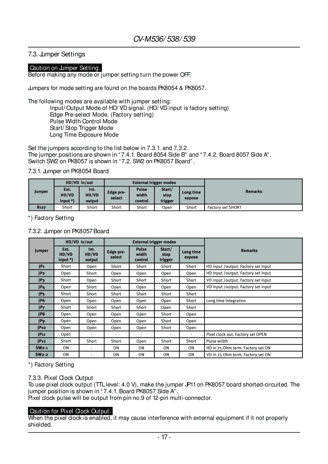 JAI CV-M536, CV-M539, CV-M538 operation manual Jumper Settings, Pixel Clock Output 