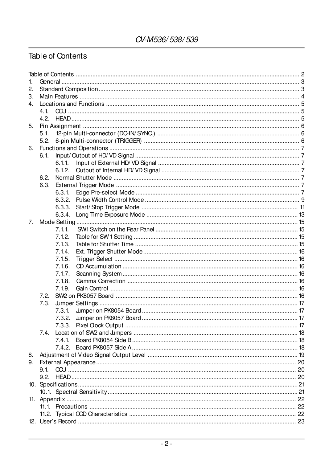 JAI CV-M536, CV-M539, CV-M538 operation manual Table of Contents 