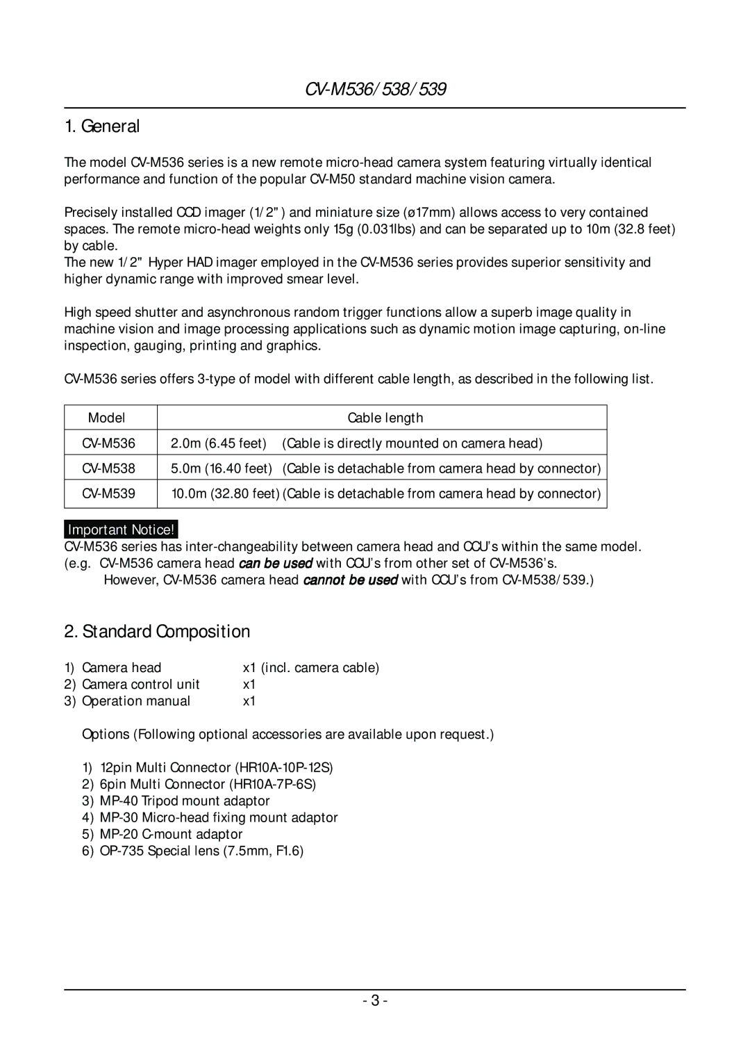 JAI CV-M539, CV-M536, CV-M538 operation manual General, Standard Composition 