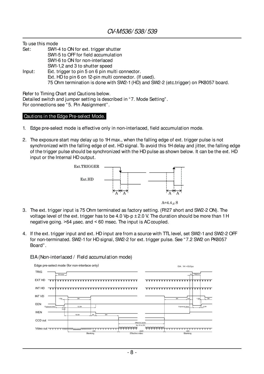 JAI CV-M536, CV-M539, CV-M538 EIA Non-interlaced / Field accumulation mode, Edge pre-select mode for non-interlace only 