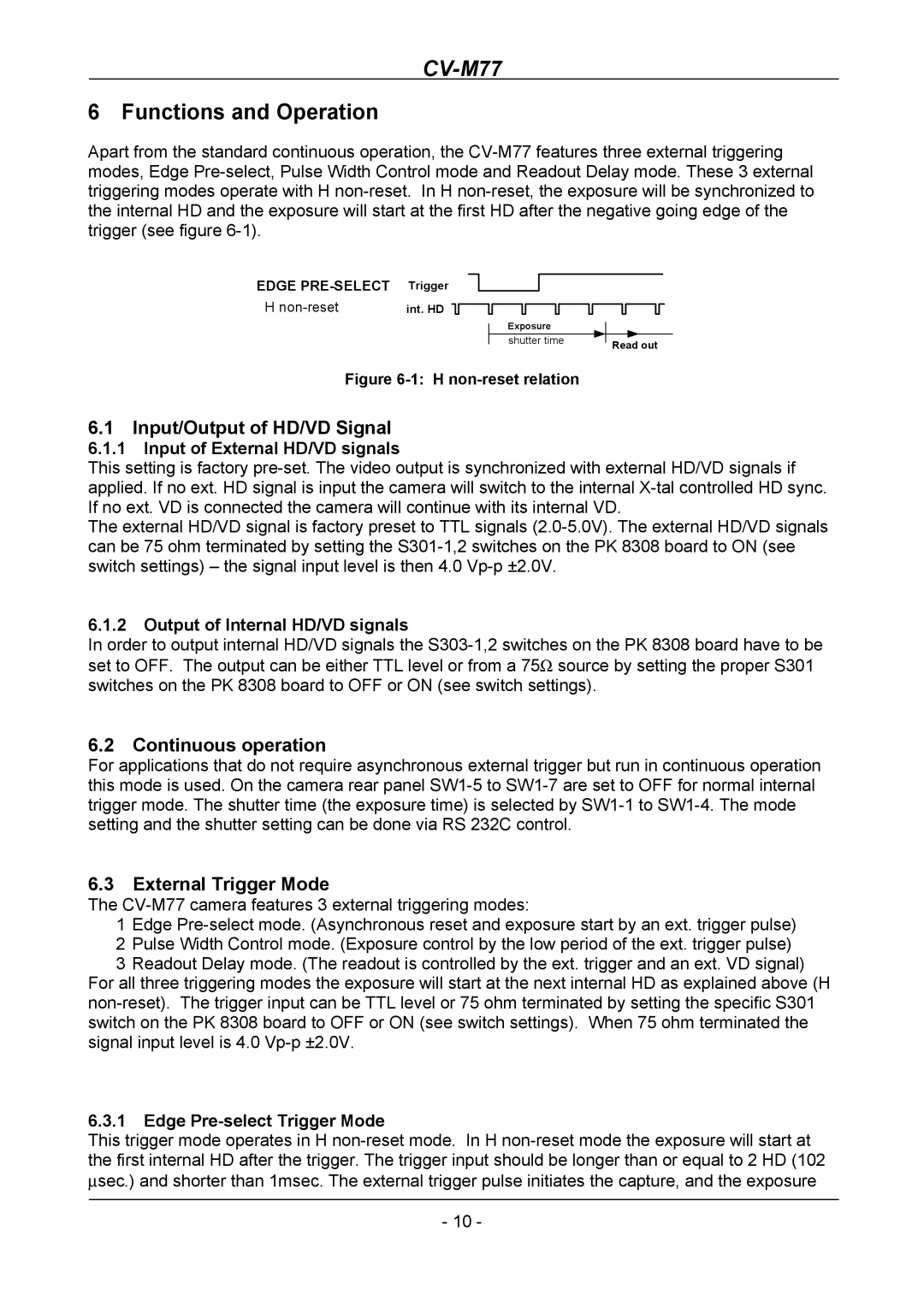 JAI CV-M77 Functions and Operation, Input/Output of HD/VD Signal, Continuous operation, External Trigger Mode 