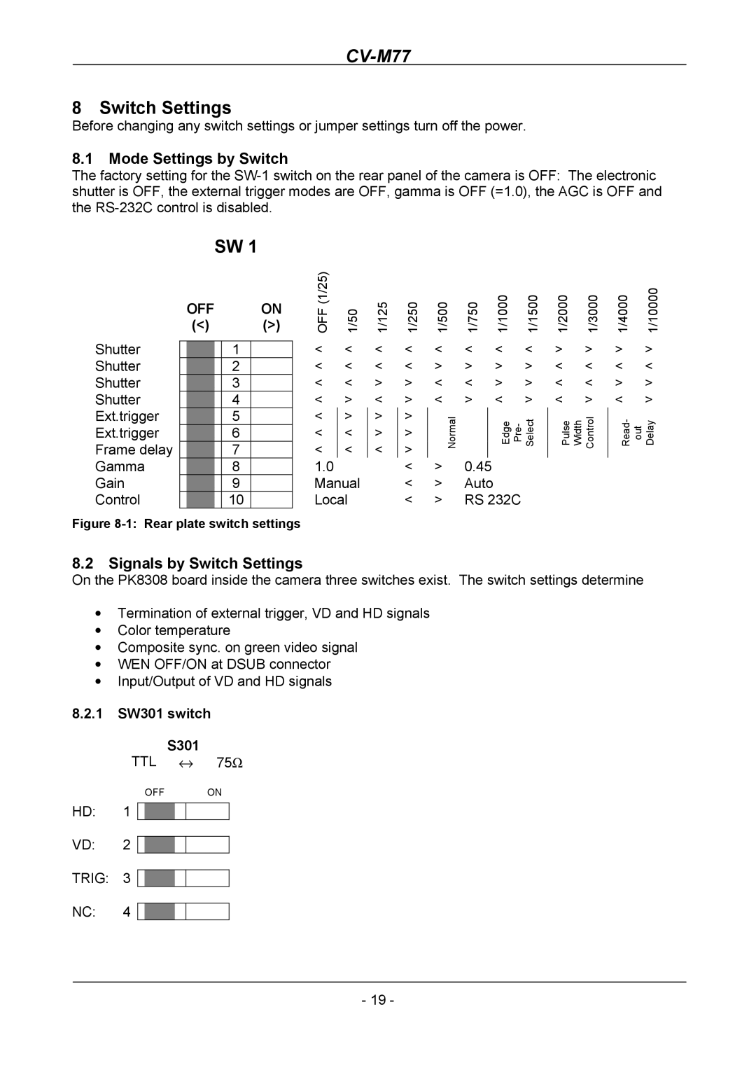 JAI CV-M77 operation manual Mode Settings by Switch, Signals by Switch Settings, 1 SW301 switch S301 