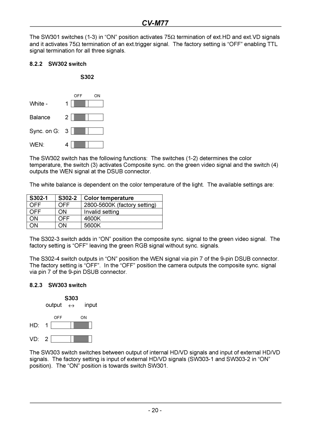 JAI CV-M77 operation manual 2 SW302 switch S302, S302-1 S302-2 Color temperature, 3 SW303 switch S303 