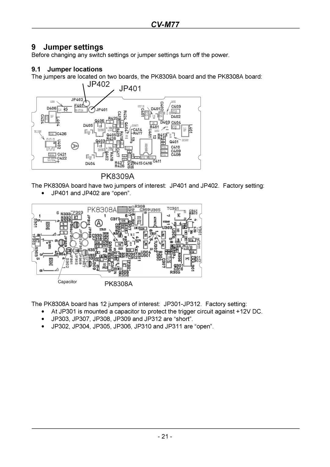 JAI CV-M77 operation manual Jumper settings, Jumper locations 