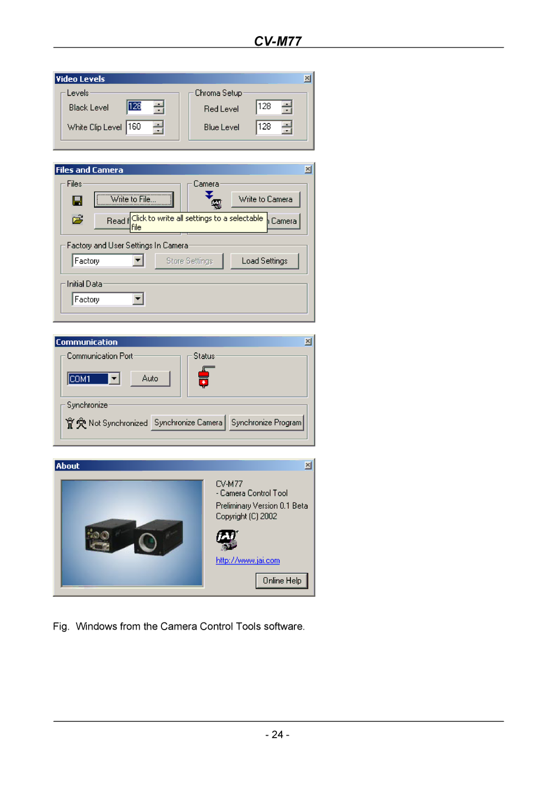 JAI CV-M77 operation manual Fig. Windows from the Camera Control Tools software 