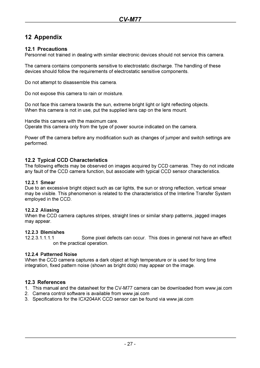 JAI CV-M77 operation manual Appendix, Precautions, Typical CCD Characteristics, References 