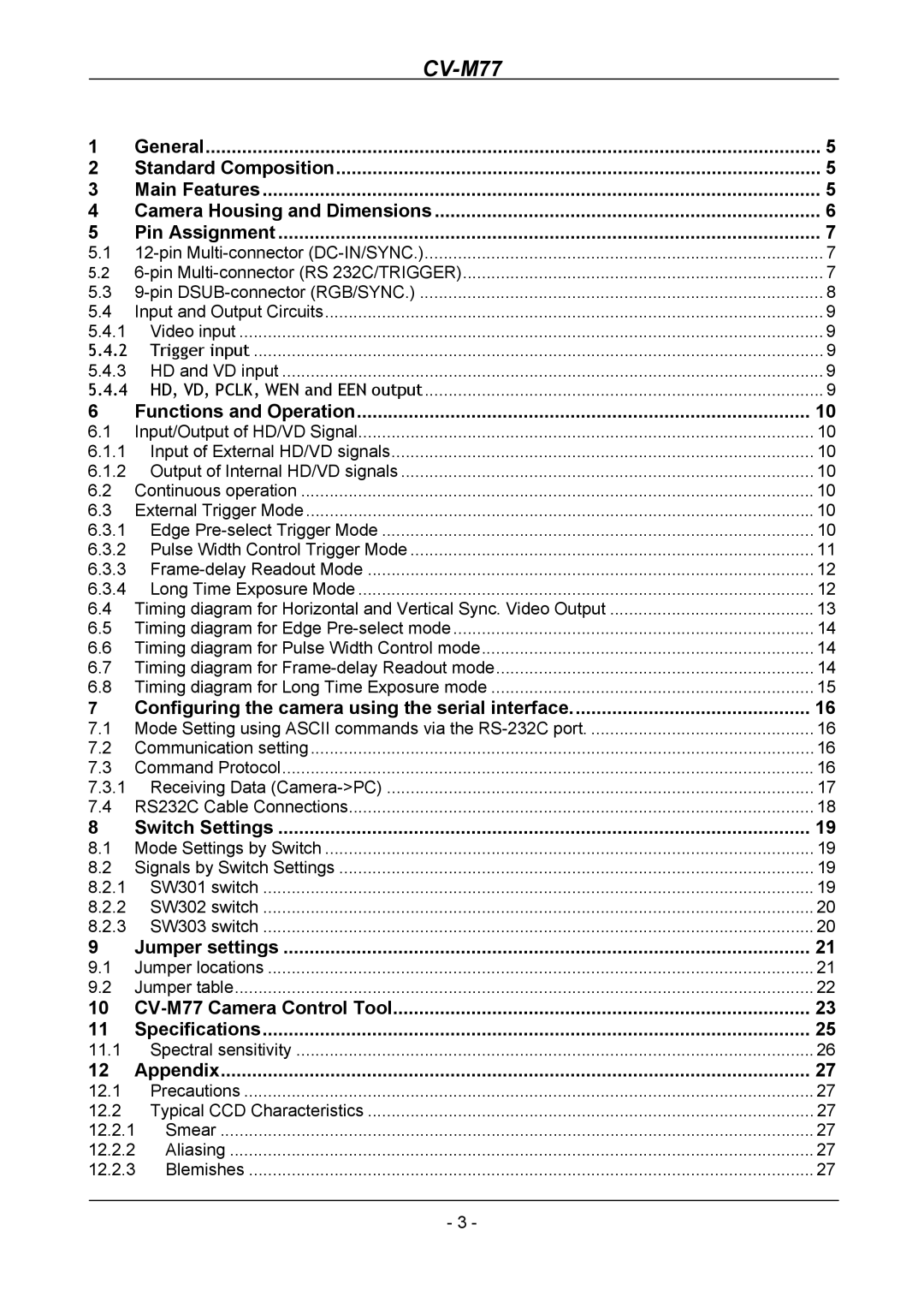 JAI CV-M77 Functions and Operation, Configuring the camera using the serial interface, Switch Settings, Jumper settings 