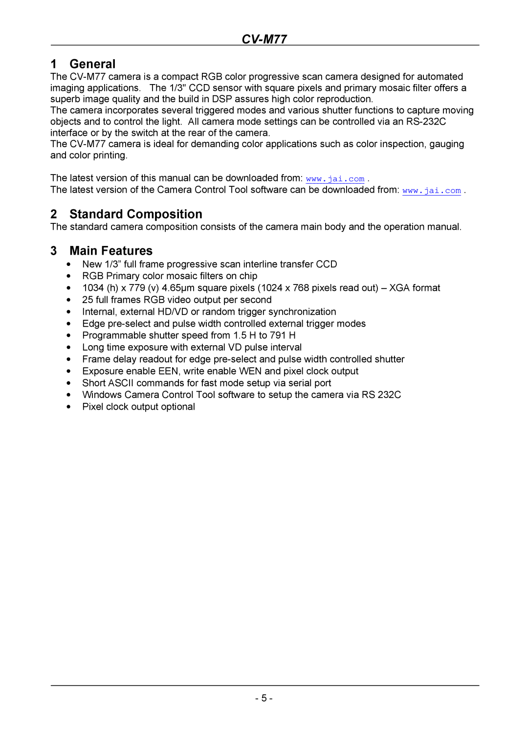 JAI CV-M77 operation manual General, Standard Composition Main Features 