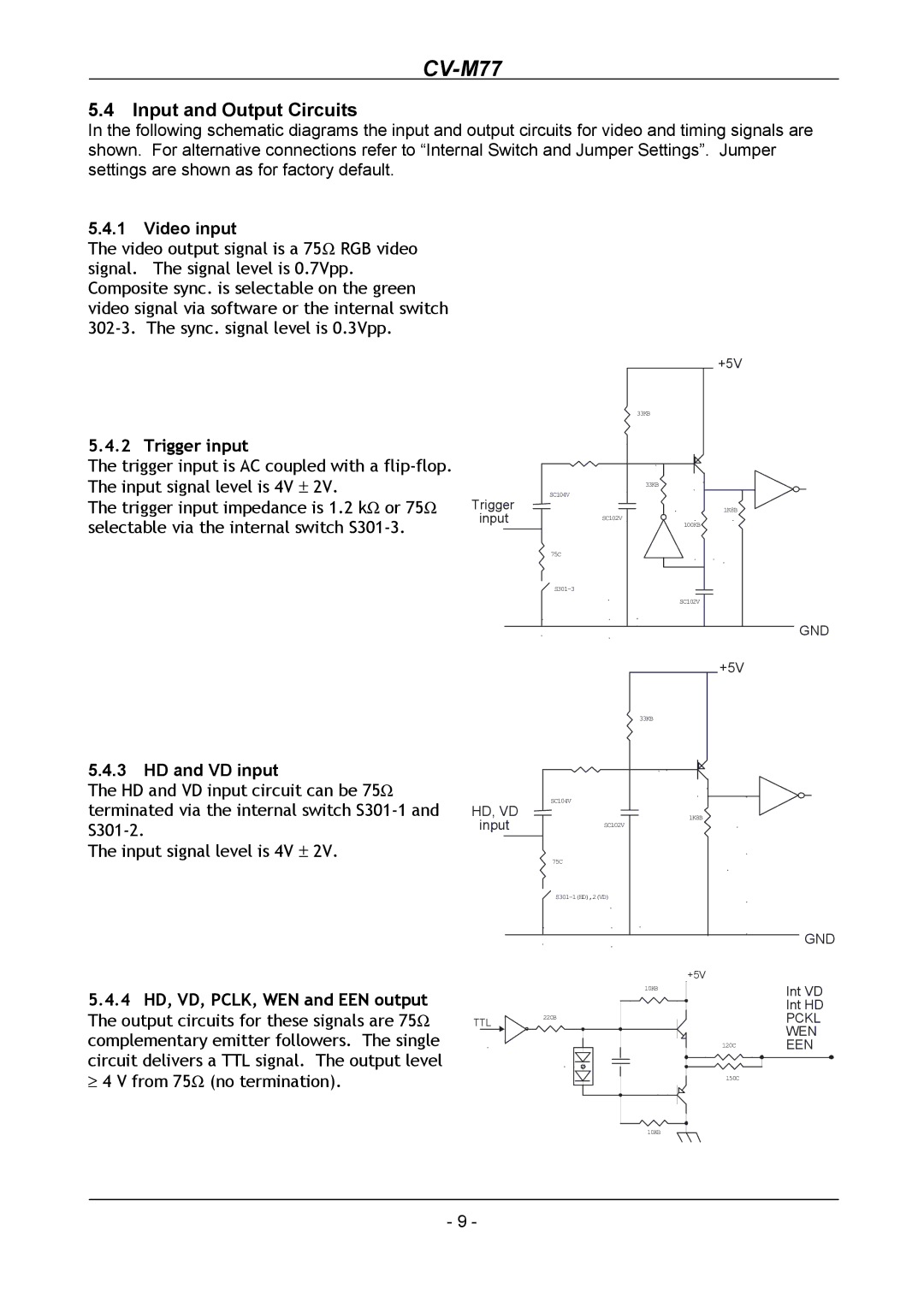 JAI CV-M77 operation manual Input and Output Circuits, Video input, HD and VD input 