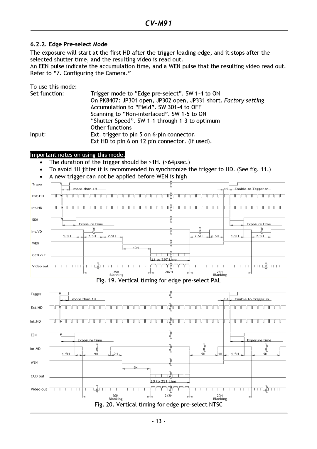 JAI CV-M91 operation manual Edge Pre-select Mode, Vertical timing for edge pre-select PAL 