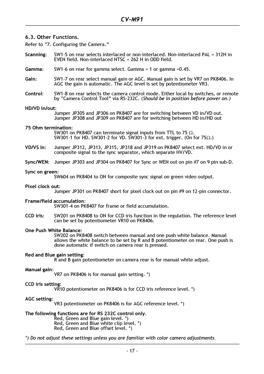 JAI CV-M91 operation manual Other Functions 