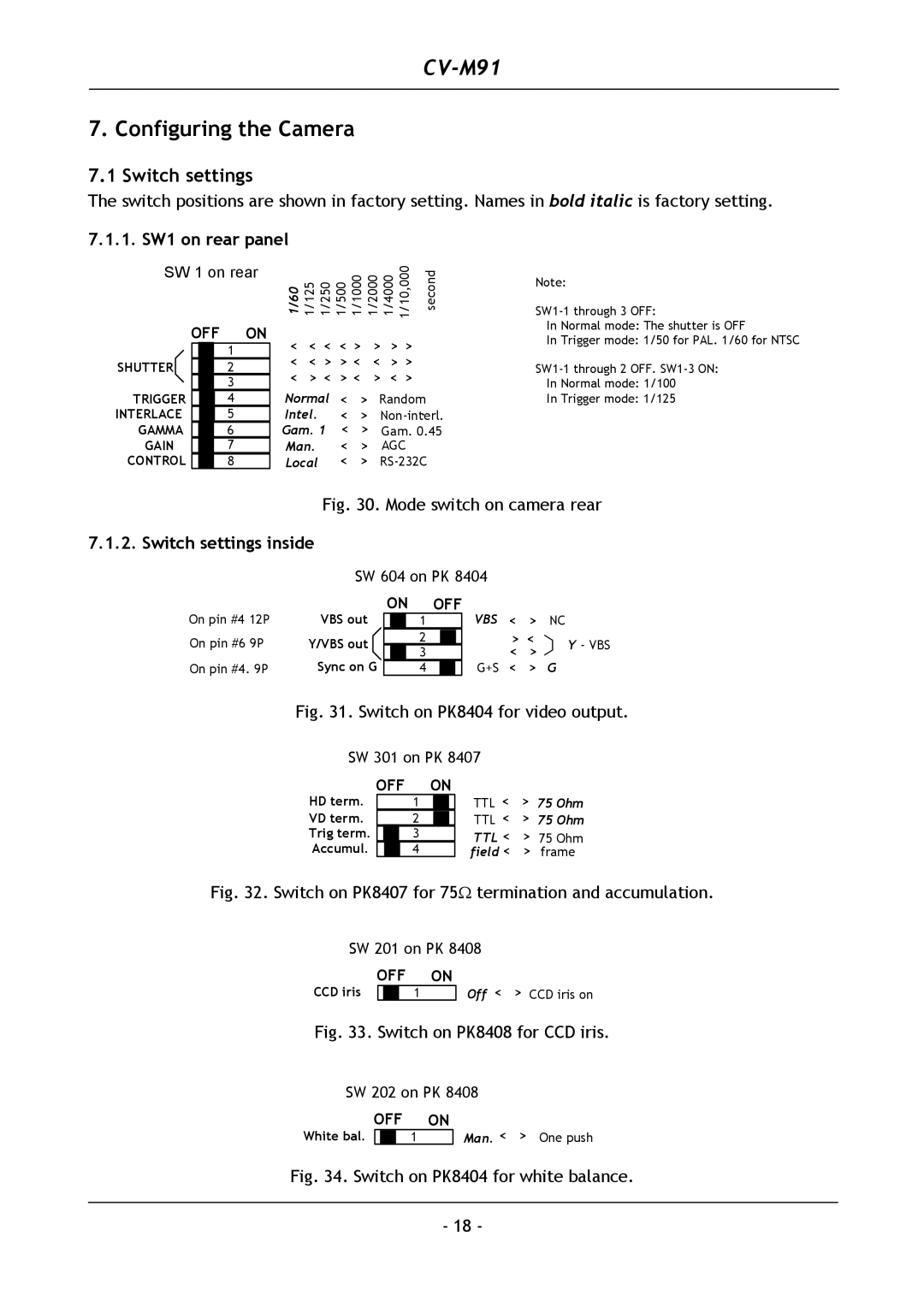 JAI CV-M91 operation manual Configuring the Camera, 1. SW1 on rear panel, Switch settings inside 