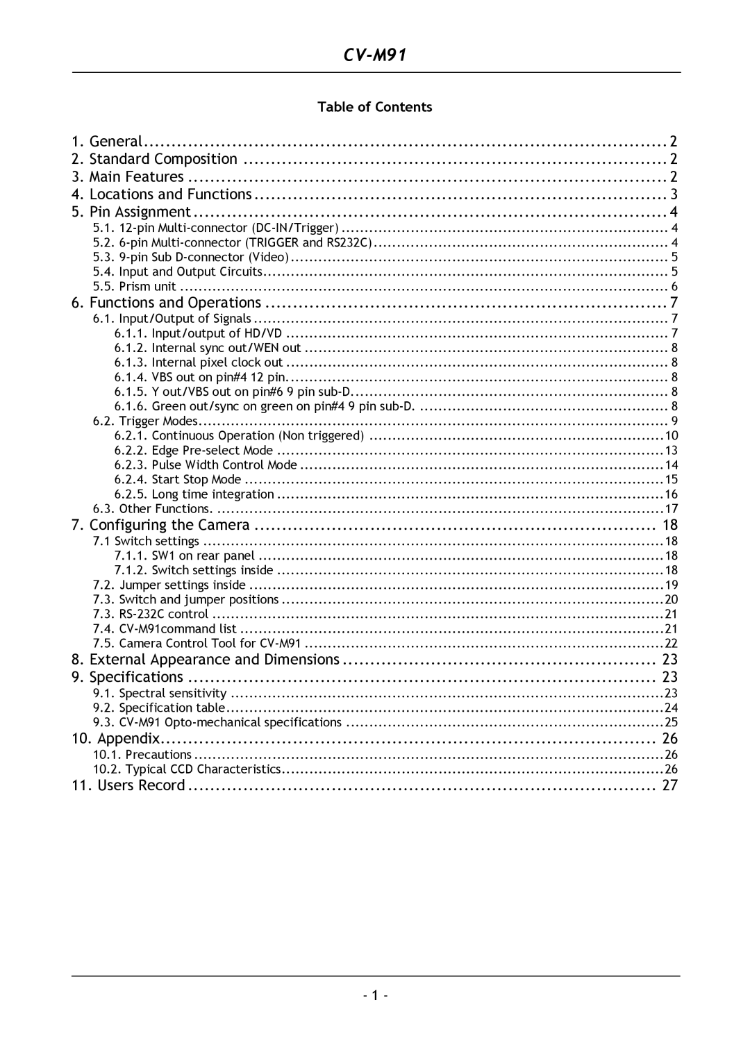 JAI CV-M91 operation manual Table of Contents 