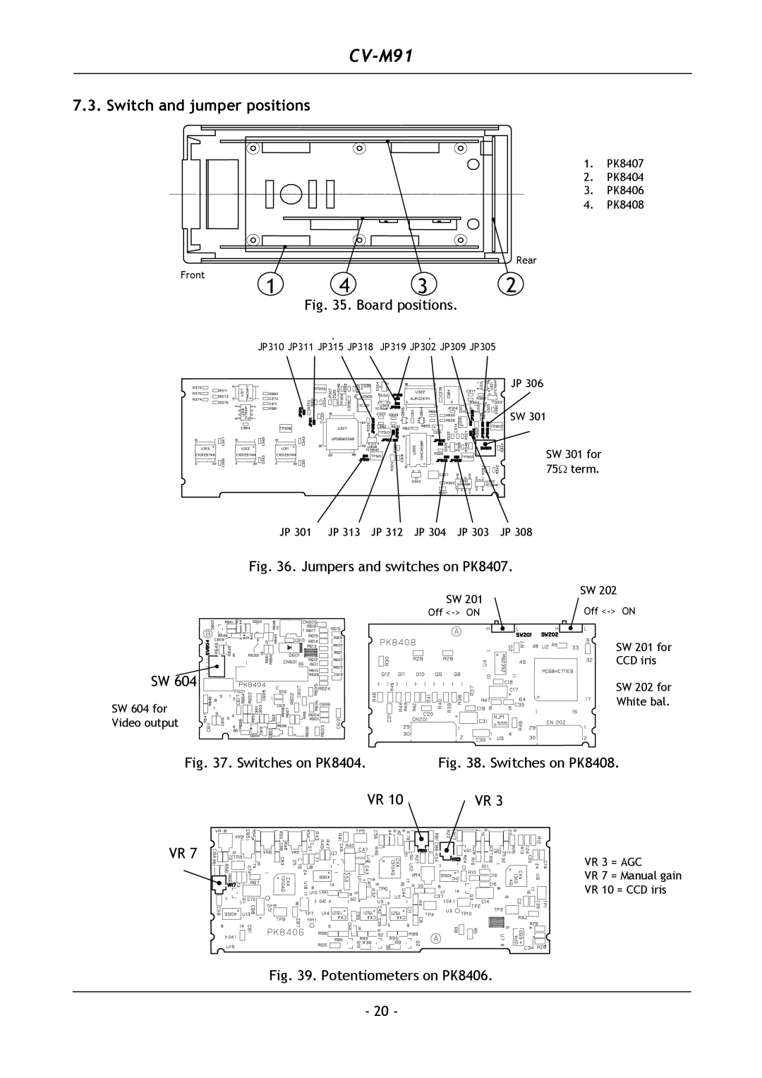 JAI CV-M91 operation manual Switch and jumper positions, Board positions 