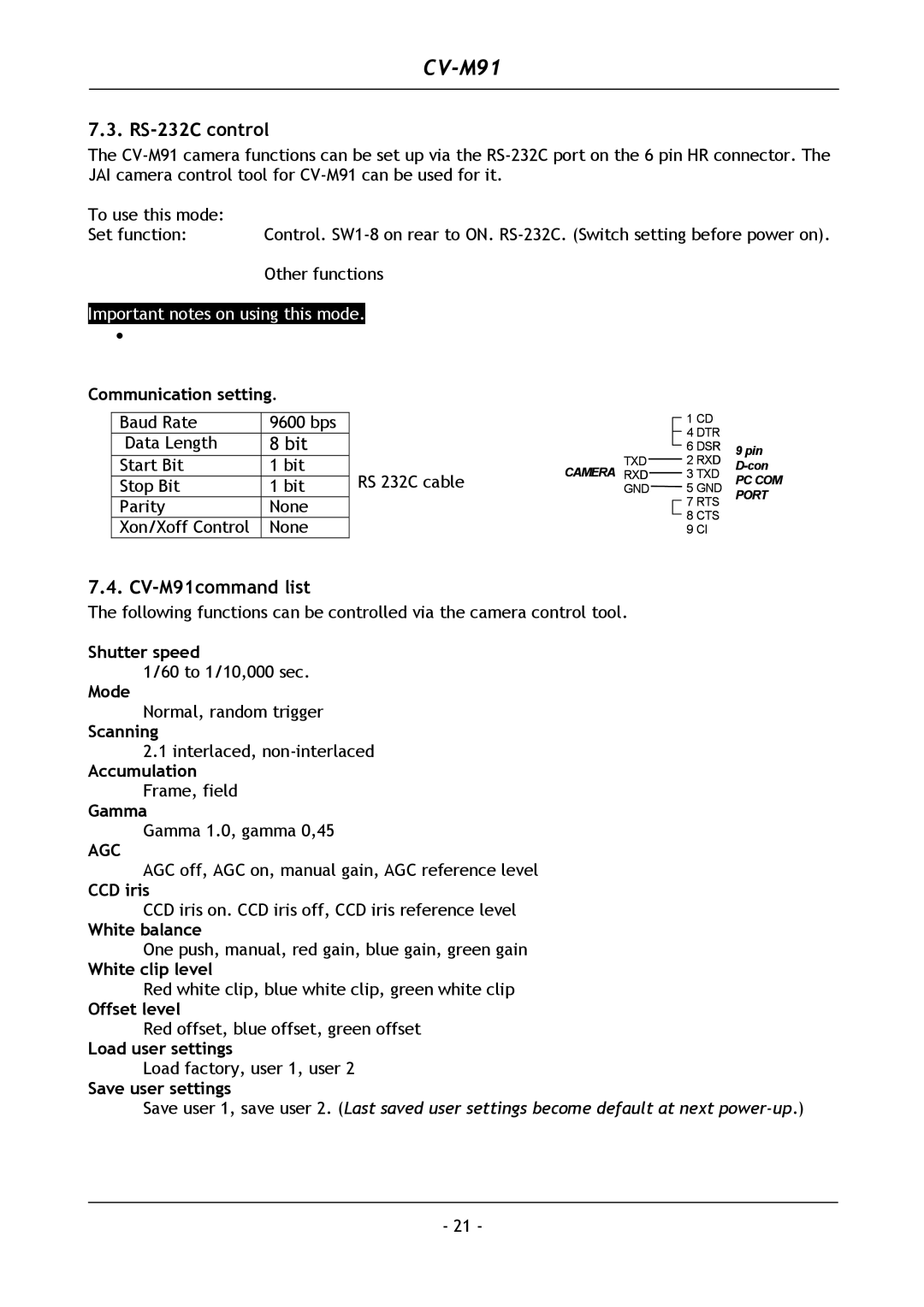 JAI operation manual RS-232C control, CV-M91command list 