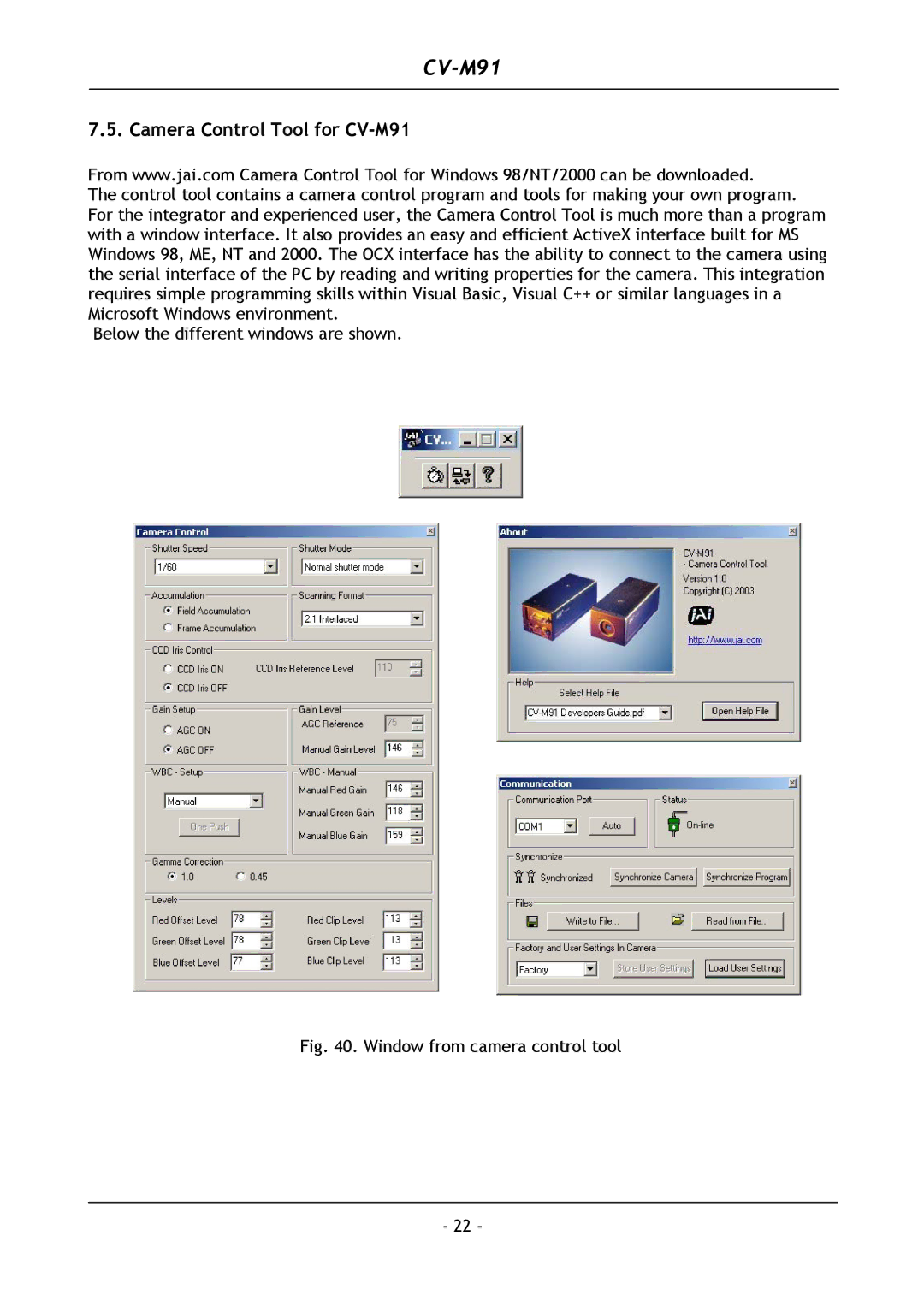 JAI operation manual Camera Control Tool for CV-M91, Window from camera control tool 