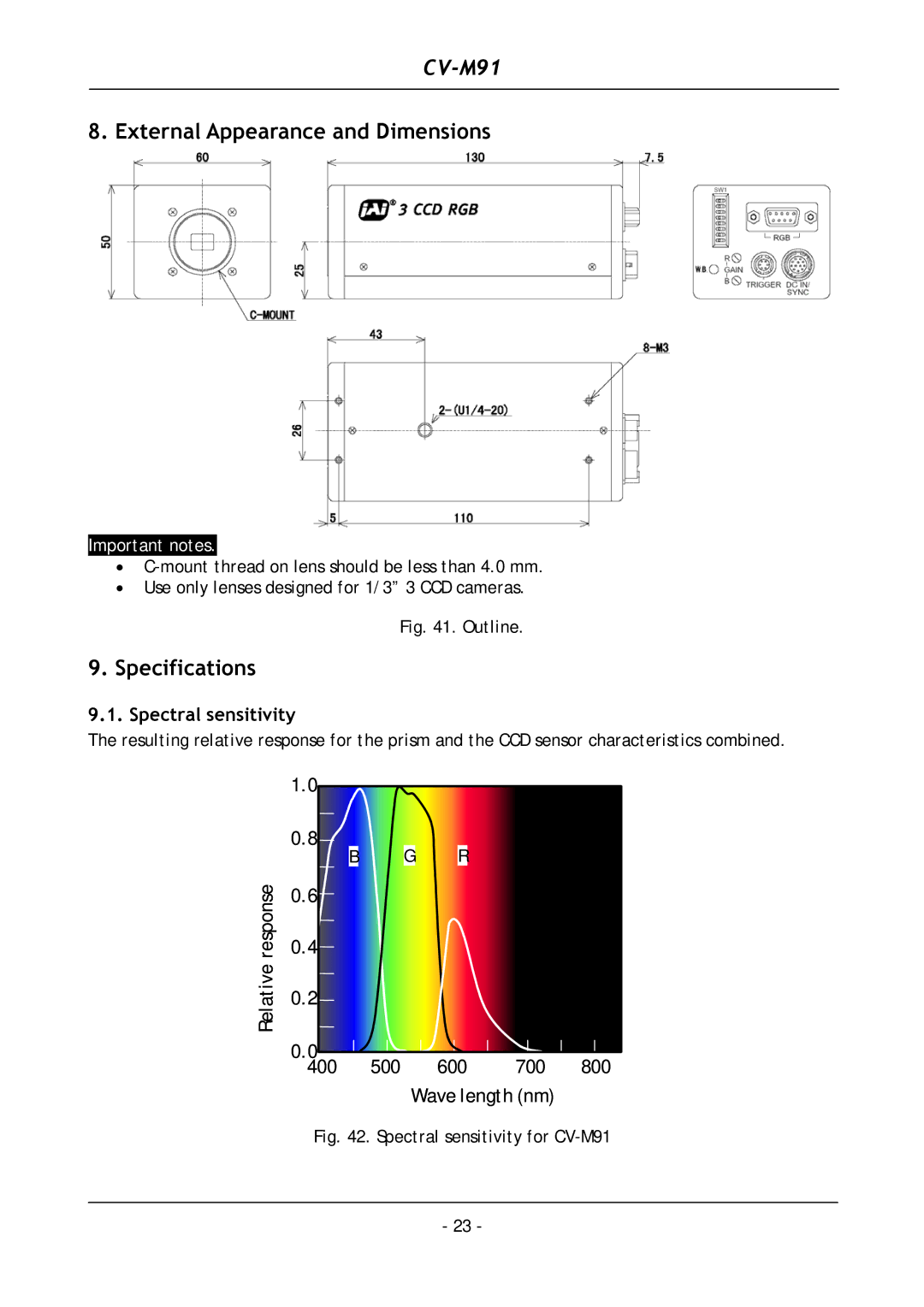 JAI CV-M91 operation manual External Appearance and Dimensions, Specifications, Spectral sensitivity 