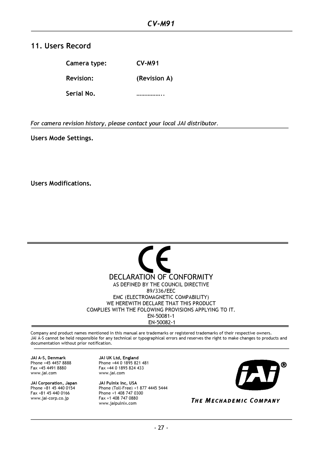 JAI Users Record, Camera type CV-M91 Revision Revision a Serial No ……………, Users Mode Settings Users Modifications 