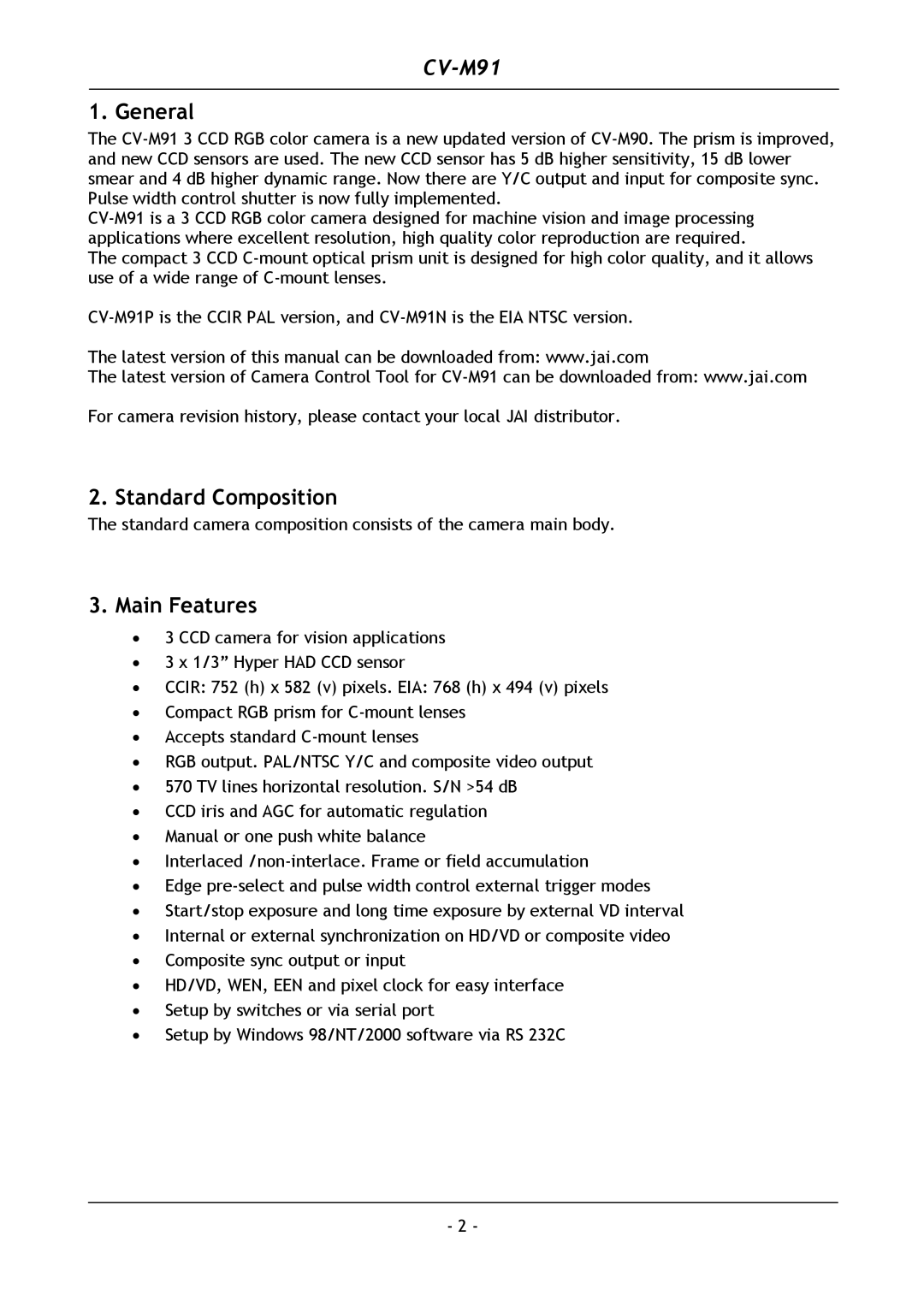 JAI CV-M91 operation manual General, Standard Composition, Main Features 