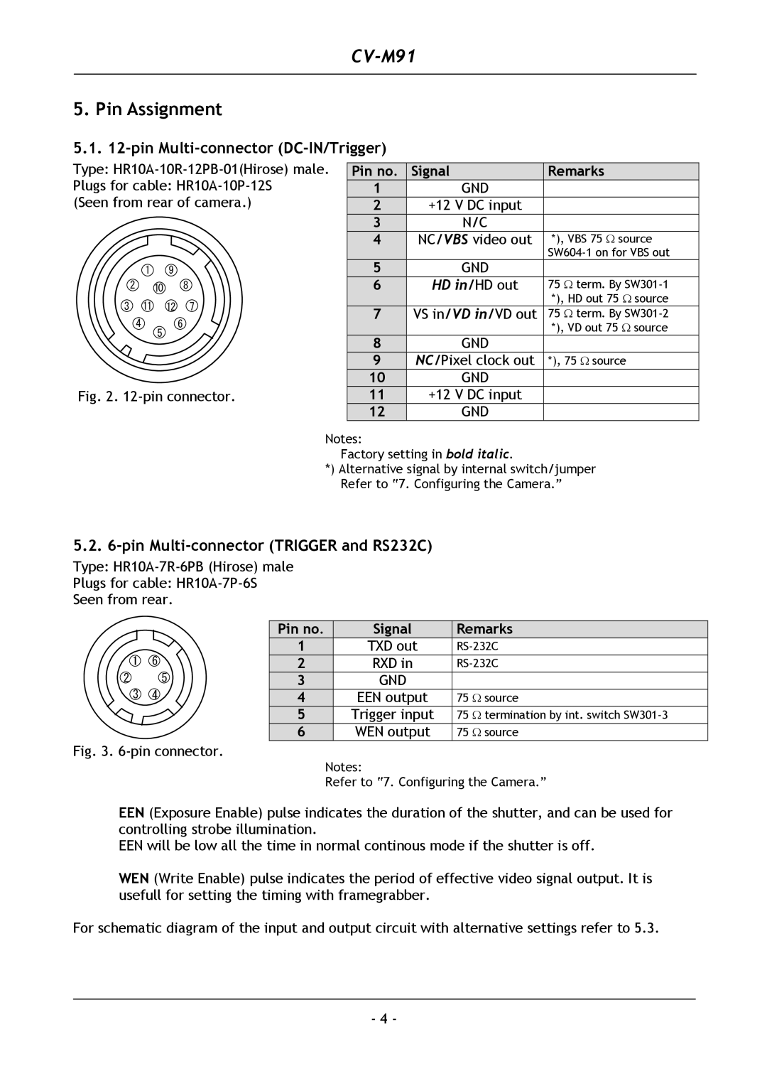 JAI CV-M91 operation manual Pin Assignment, Pin Multi-connector DC-IN/Trigger, Pin Multi-connector Trigger and RS232C 