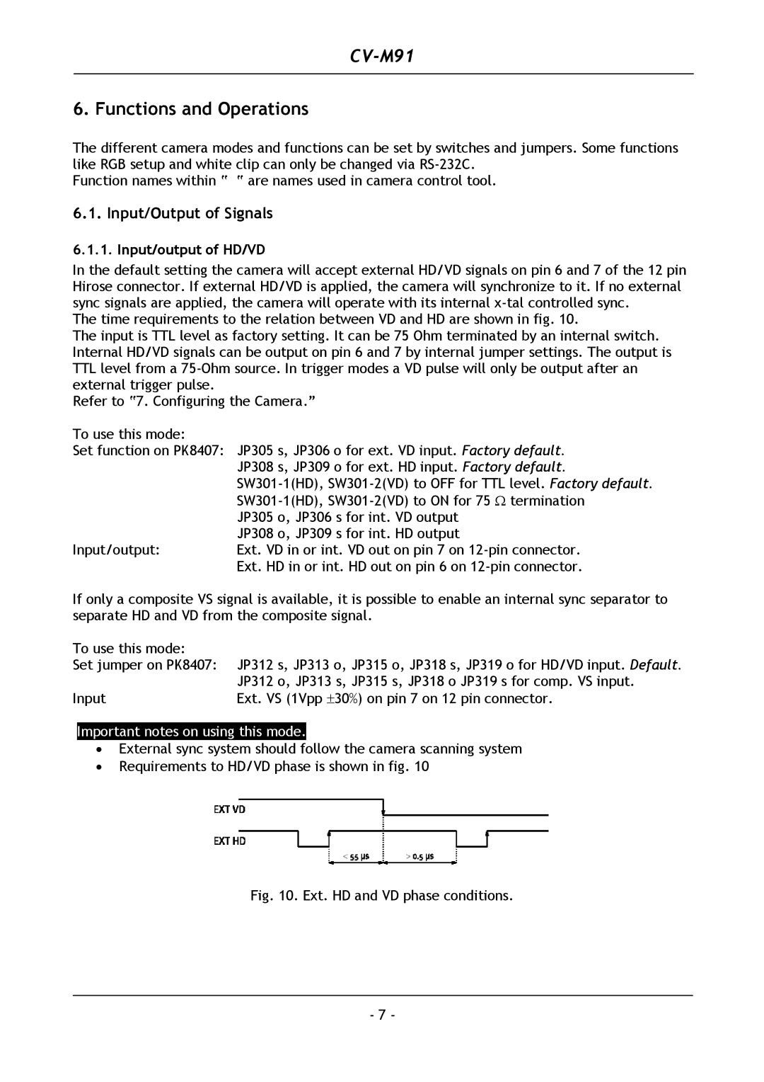 JAI CV-M91 operation manual Functions and Operations, Input/Output of Signals, Input/output of HD/VD 