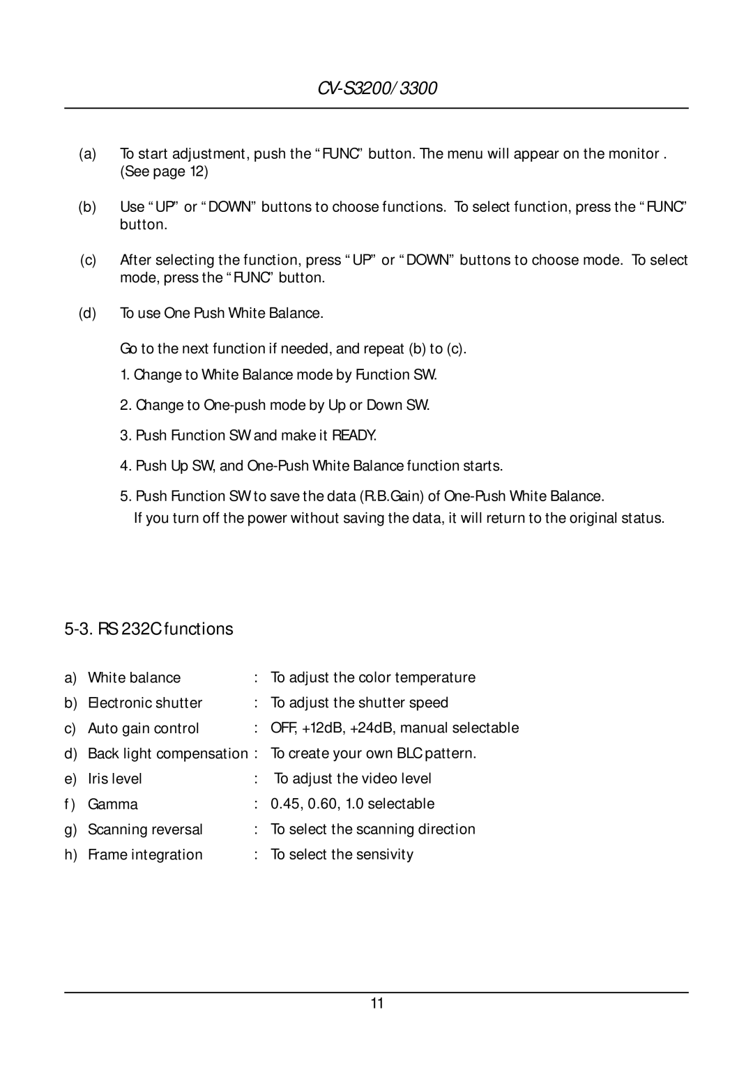 JAI CV-S3200, CV-S3300 operation manual RS 232C functions, OFF, +12dB, +24dB, manual selectable 