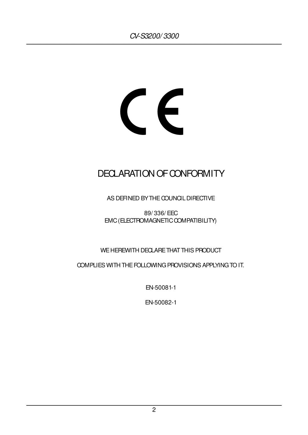 JAI CV-S3300, CV-S3200 operation manual Declaration of Conformity 