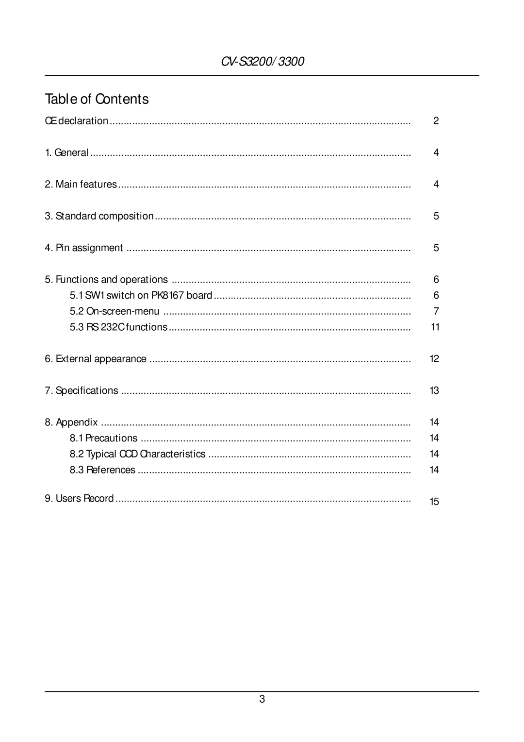 JAI CV-S3200, CV-S3300 operation manual Table of Contents 