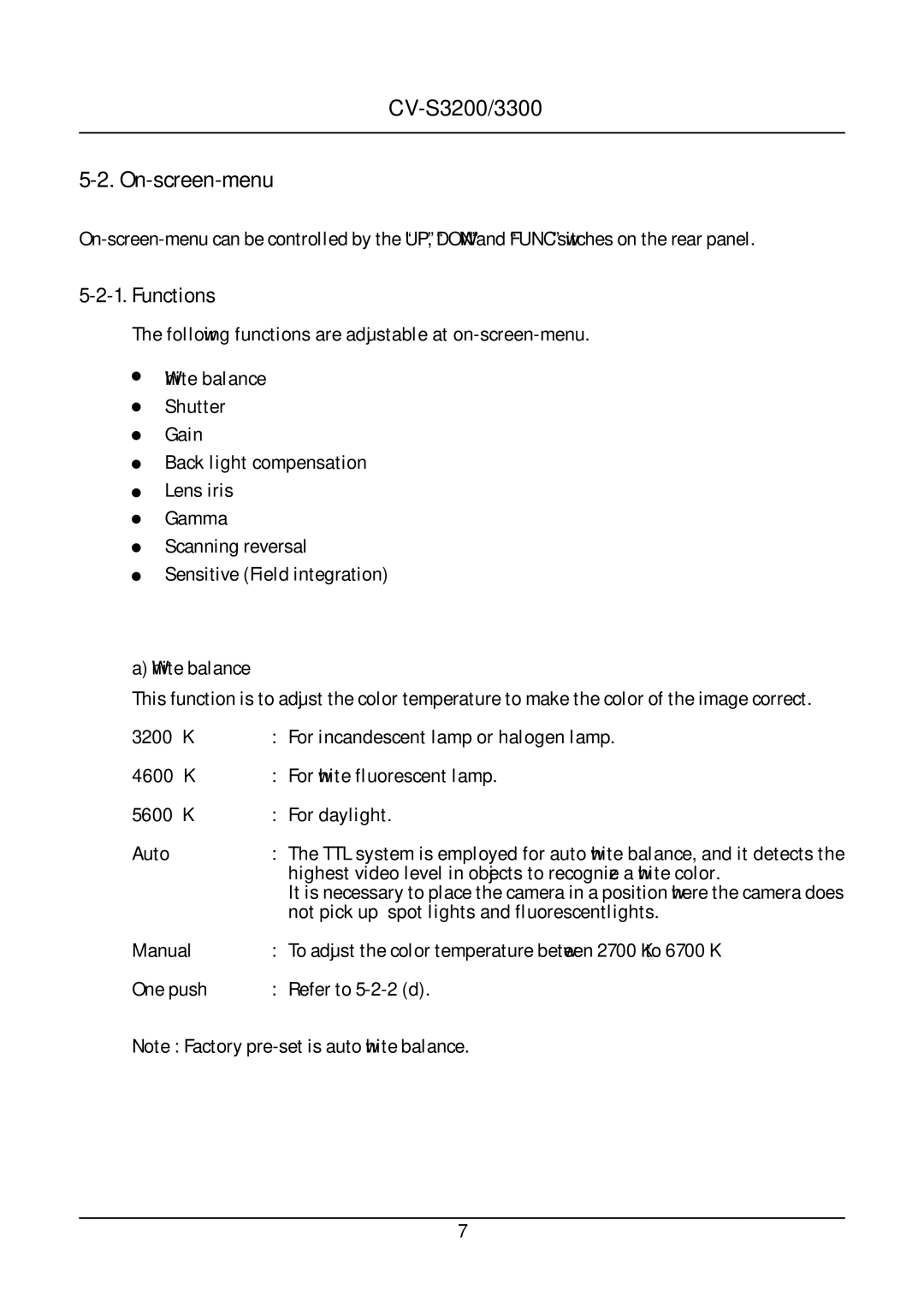 JAI CV-S3200, CV-S3300 operation manual On-screen-menu, Functions 