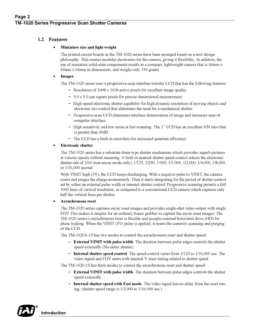 JAI TM-1020 operation manual Miniature size and light weight, Imager, Electronic shutter, Asynchronous reset 