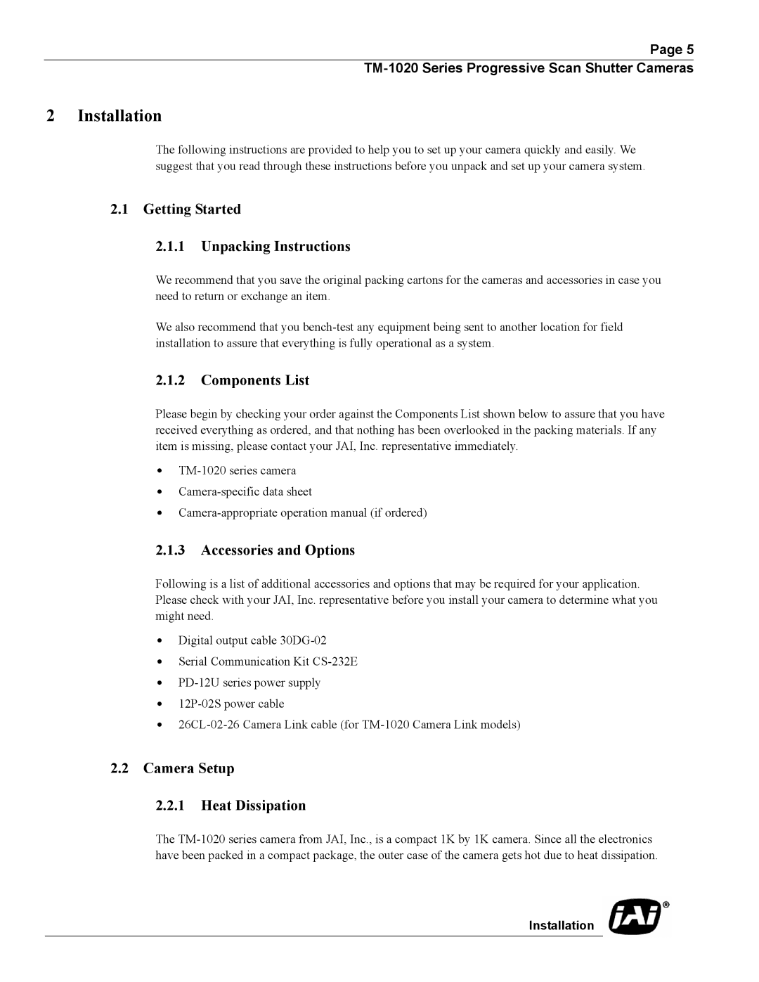 JAI TM-1020 operation manual Getting Started Unpacking Instructions, Components List, Accessories and Options 