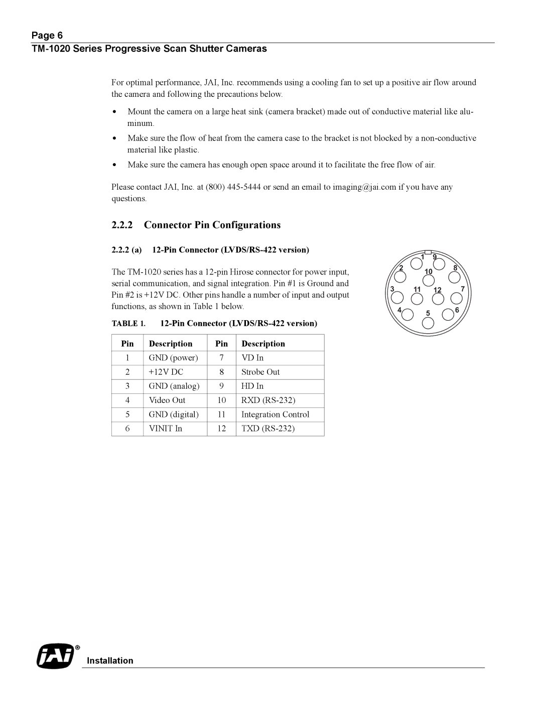 JAI TM-1020 operation manual Connector Pin Configurations, 2 a 12-Pin Connector LVDS/RS-422 version 