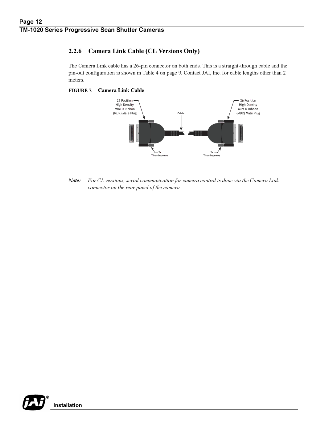 JAI TM-1020 operation manual Camera Link Cable CL Versions Only 